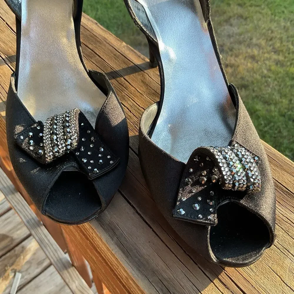 Stuart Weitzman Women’s Black Size 9M Satin Slingback Heels Peep Toe Formal